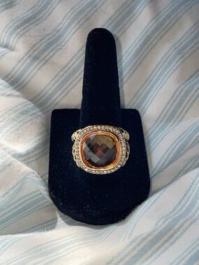 Gold-Tone Cushion Smoky Quartz Color Zircon Statement Ring Size 8 NWT